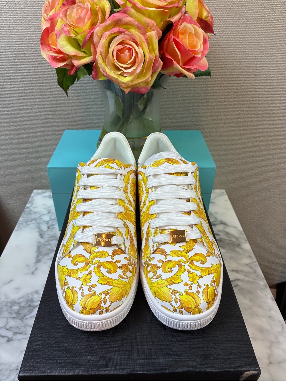 Versace Women’s White & Gold Baroque Leather Sneakers - EU Size 39 = US 9 NIB